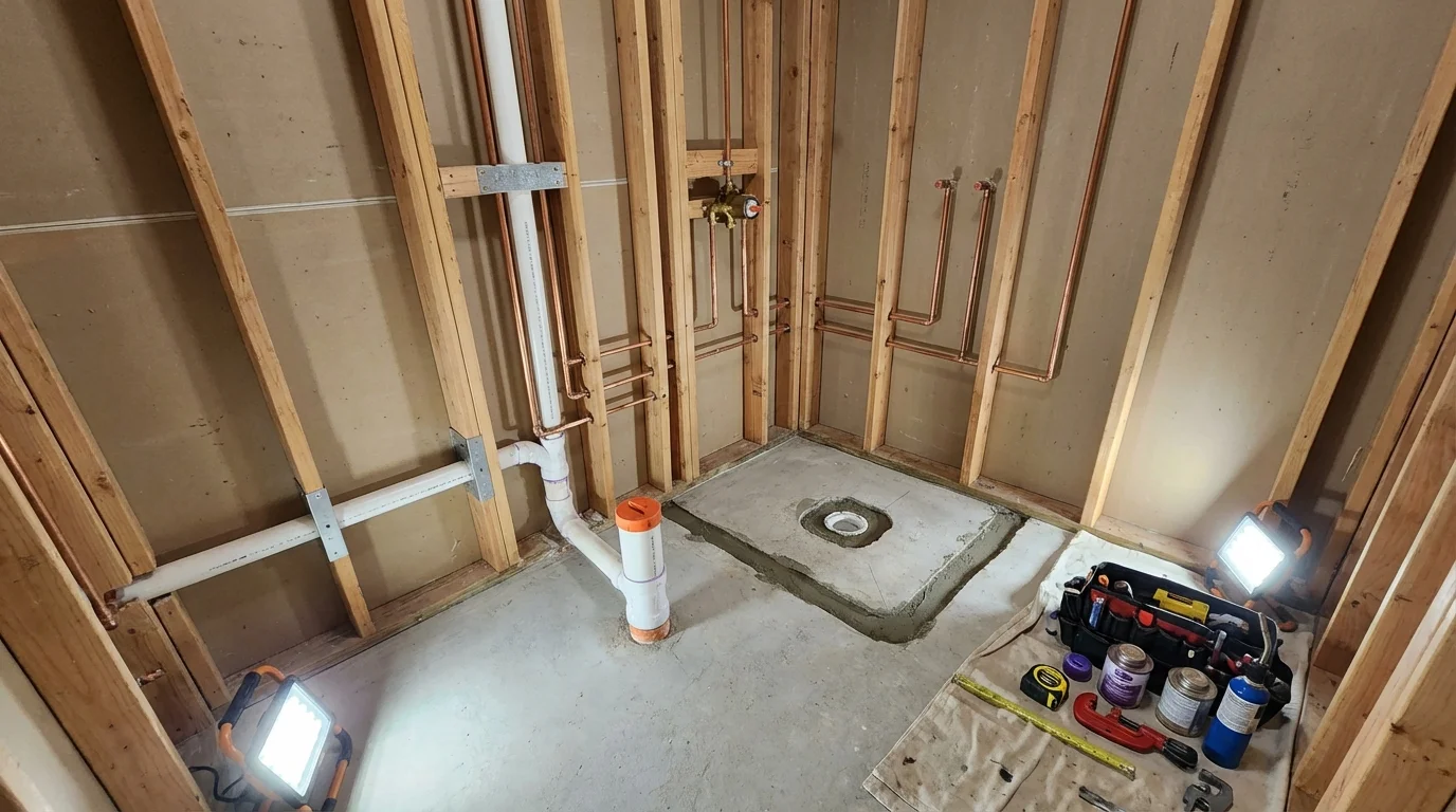Bathroom rough-in plumbing during remodel by Johns Plumbing LLC in Coudersport