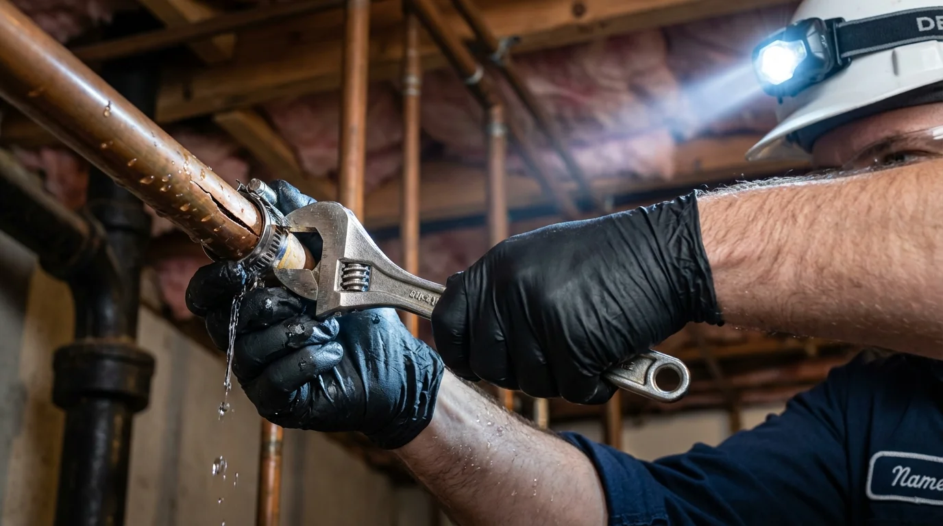 Emergency pipe clamp repair being performed by a Johns Plumbing LLC plumber in Coudersport