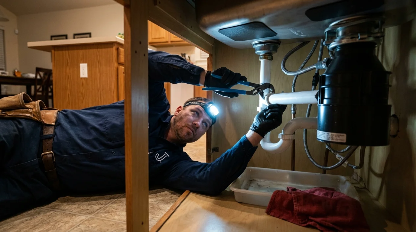 P-trap and supply line connections under a kitchen sink showing a common leak point in Coudersport, PA